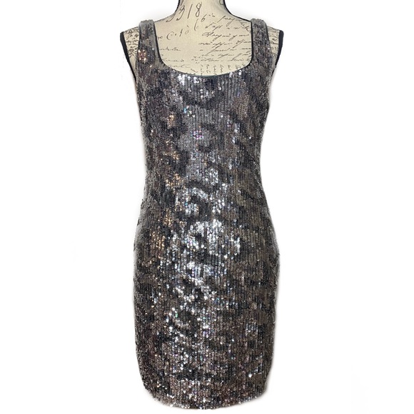bebe Dresses & Skirts - Bebe Sequined Silver Dress Size 6